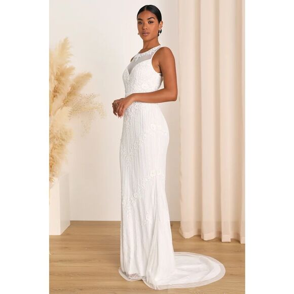 Lulus Modern Fairytale White Mesh Beaded Sequin Mermaid Wedding Dress - Picture 4 of 11